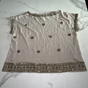 J JILL Women’s Love Linen Gold Sequin Embroidered Boxy Top M Soft Jersey Boho